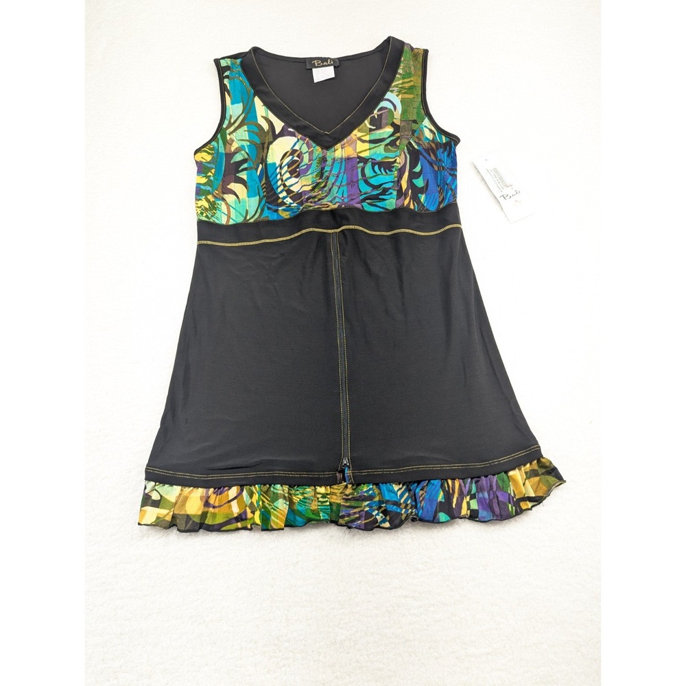 Bali Women's Black Sleeveless Tropical Front Zip V Neck Ruffle Hem Beach Dress L
